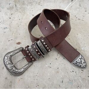 Vintage 90’s Nocona Brown Leather Belt with Studs, Rhinestones, S